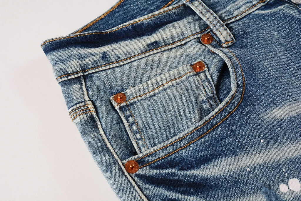 2025 Jeans Man's High Street Blue Ripped Distressed Skinny Jeans Low Rise Denim Trousers Fashion Repair Pants 9003