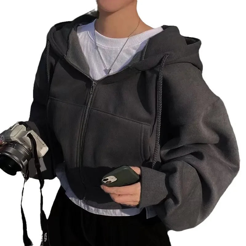 Casual Hood Sweatshirt Women Y2K Zip Up Hoodies Solid Harajuku Long Sleeve Shirt  Crop Tops Female Loose Jackets Coat