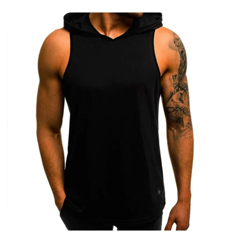 Men's Tank Top Streetwear Sleeveless Shirts Gym Men Fitness Hooded Shirt Bodybuilding High Elastic Sports Basketball Vest