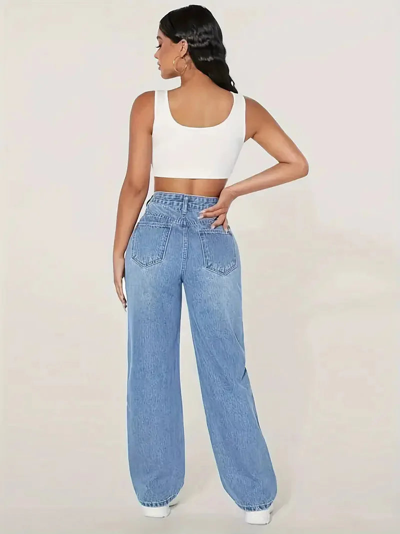 2025 Washed Ripped High-waisted Wide-leg Jeans. New Four Seasons Fashionable and Versatile Casual Floor-length Jeans for Women