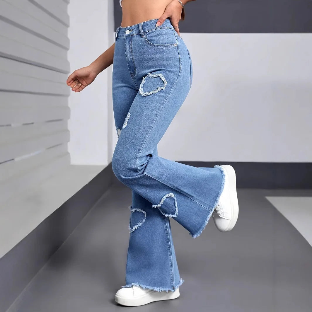 Denim Flared Pants Women Hole Jeans Boot Cut Distressed 2025 Streetwear High Waist Stretch Washed Vintage Full Length Trousers