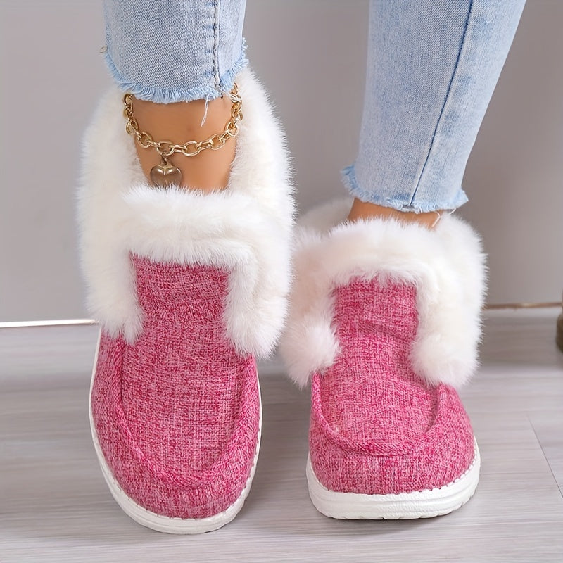Women's Solid Color Shoes, Slip On Round Toe High-top Velvet Warm Fluffy Soft Sheos, Outdoor Comfy Fuzzy Shoes